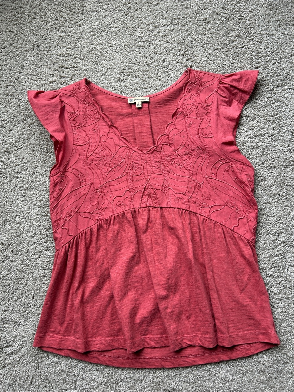 Democracy Embroidered Flutter Sleeve Peplum Top - Sienna red